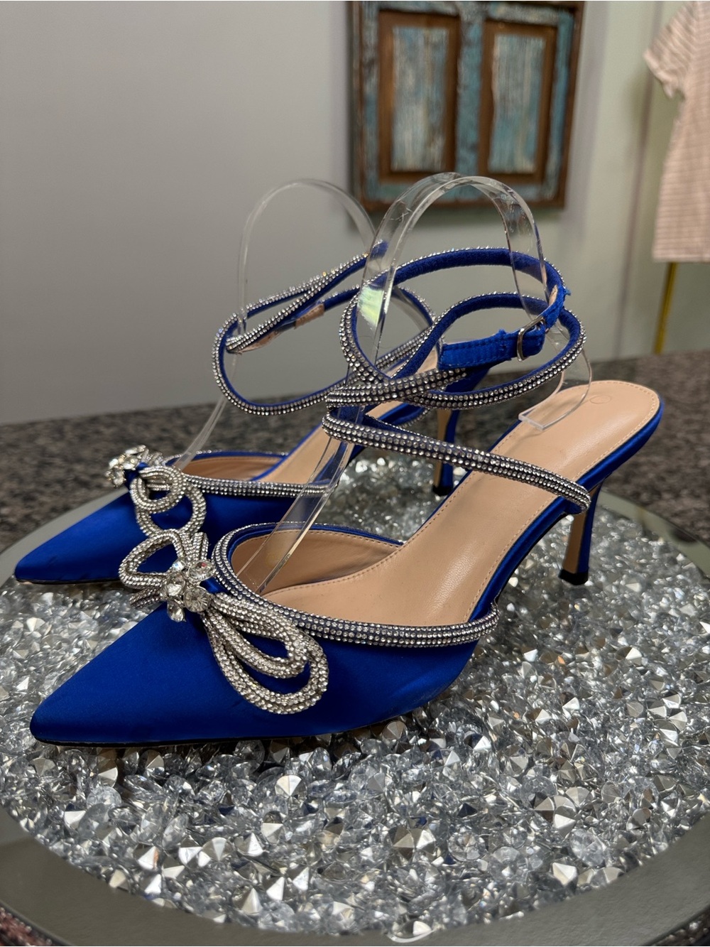 Crystal-Embellished Royal Blue Satin Slingback Heels EUC 11